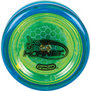 Duncan Hornet Pro Looping Yo-Yo featuring a vibrant dual-color design in blue and yellow. The top showcases a honeycomb pattern with the 'Hornet' logo prominently displayed, offering a fun and engaging toy for yo-yo enthusiasts.
