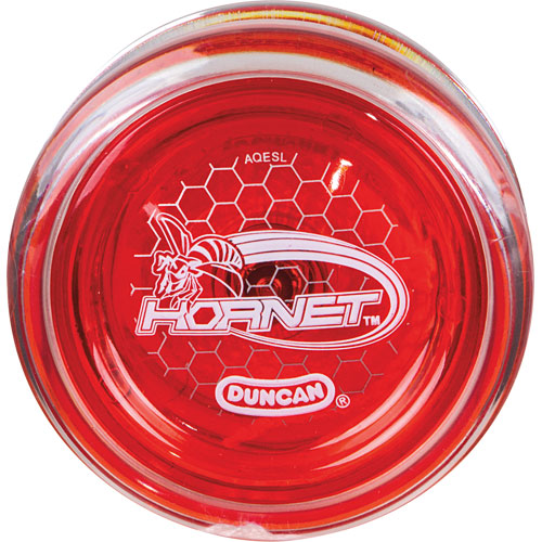 The Hornet Pro Looping Yo-Yo by Duncan features a vibrant red exterior with a honeycomb pattern and the Hornet logo prominently displayed. This yo-yo is designed for advanced tricks and looping performance, offering smooth spins and durability for both beginners and experienced yo-yo enthusiasts.