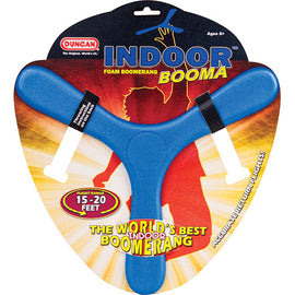 Duncan Indoor Boomerang, a blue foam toy designed for indoor use. Its unique shape allows it to fly accurately and return to the thrower. The packaging showcases the flight range of 15-20 feet and promotes it as the world's best indoor boomerang. Suitable for ages 8 and up.