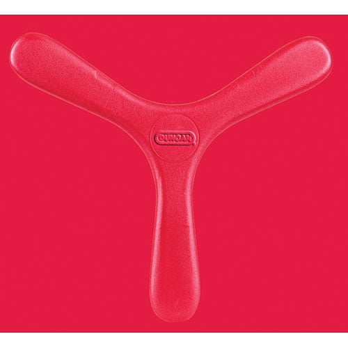 Red Indoor Boomerang by Duncan, featuring a unique three-pronged design for optimal flight. Ideal for indoor play, encourages hand-eye coordination and active fun.