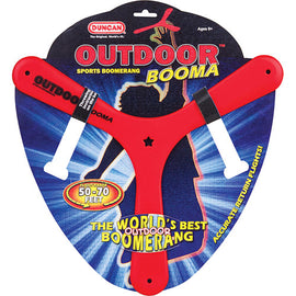 The Duncan Outdoor Boomerang is a vibrant red sports boomerang designed for outdoor play. Its unique shape allows it to fly accurately and return to the thrower. It features markings indicating a flight range of 50 to 70 feet, making it suitable for ages 8 and up. The packaging highlights its status as 'The World's Best Outdoor Boomerang' and showcases a stylish design, ensuring both fun and engaging outdoor activities.
