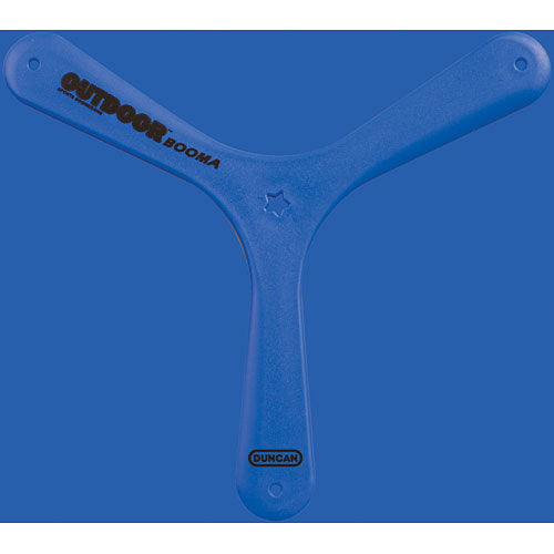 A blue Outdoor Boomerang made by Duncan, featuring a smooth, aerodynamic design perfect for outdoor play. Its lightweight material ensures optimal flight performance, making it ideal for fun activities in parks or backyards.