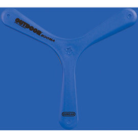 A blue Outdoor Boomerang made by Duncan, featuring a smooth, aerodynamic design perfect for outdoor play. Its lightweight material ensures optimal flight performance, making it ideal for fun activities in parks or backyards.
