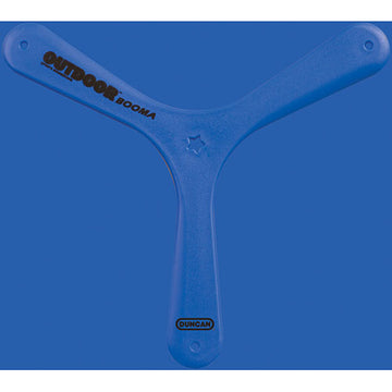 A blue Outdoor Boomerang made by Duncan, featuring a smooth, aerodynamic design perfect for outdoor play. Its lightweight material ensures optimal flight performance, making it ideal for fun activities in parks or backyards.