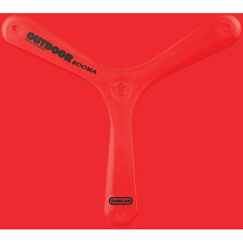 A bright red Outdoor Boomerang made by Duncan, featuring a Y-shaped design. It's lightweight and designed for outdoor play, perfect for throwing and catching.