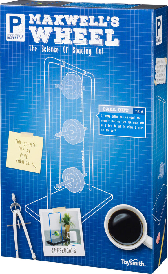 The product packaging for Maxwell's Wheel by Kidzlab, featuring a blueprint design and illustrations of a mechanical device. The header reads 'The Science Of Spacing Out.' The side displays images of the product in use alongside playful notes and a coffee cup. Ideal for educational fun and experiments for all ages.