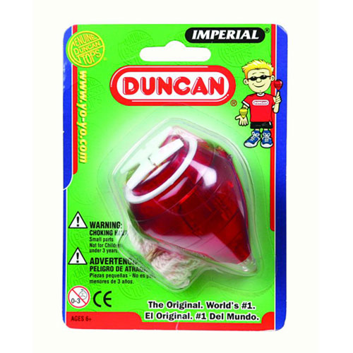 The Imperial Spin Top by Flambeau Products features a vibrant red plastic design, showcasing the classic spinning top shape. It is packaged in a colorful blister pack with a cartoon character, safety warnings, and age recommendations, making it a fun toy for children aged 6 and up. This traditional toy encourages hand-eye coordination and provides hours of entertainment.