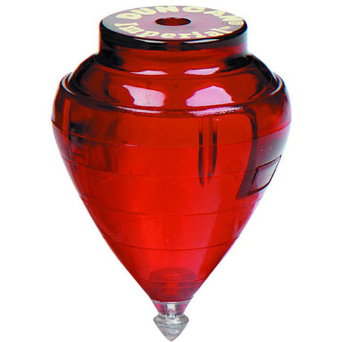 The Imperial Spin Top from Flambeau Products, featuring a glossy red finish with a rounded, tapered design. It has a clear spinning tip and a colorful top cap displaying the brand name, making it an eye-catching toy perfect for fun spins and tricks.