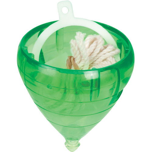 A vibrant green Imperial Spin Top by Flambeau Products, showcasing its spinning design and holding a bundle of soft, light-colored ropes inside. The top features a distinct wind-up mechanism for playful spinning, making it an engaging toy for children and collectors alike.