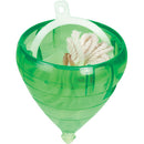 A vibrant green Imperial Spin Top by Flambeau Products, showcasing its spinning design and holding a bundle of soft, light-colored ropes inside. The top features a distinct wind-up mechanism for playful spinning, making it an engaging toy for children and collectors alike.