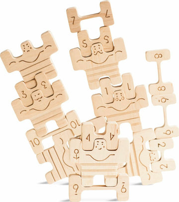 Circus Athletes game by Babai featuring uniquely shaped wooden puzzle pieces, each with playful designs of smiling circus characters and numbers. Ideal for developing fine motor skills and enhancing cognitive abilities in children.