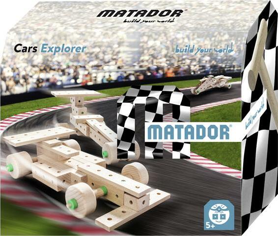 Matador Cars Explorer DIY kit featuring 50 wooden pieces for building customizable race car models. The box showcases completed cars on a racetrack with a checkered flag background, emphasizing creativity and engineering skills for children aged 5 and up.