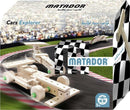 Matador Cars Explorer DIY kit featuring 50 wooden pieces for building customizable race car models. The box showcases completed cars on a racetrack with a checkered flag background, emphasizing creativity and engineering skills for children aged 5 and up.