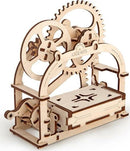 UGears 3D Mechanical Box DIY kit showcasing a complex wooden structure with interlocking gears and a slide-out compartment. Perfect for enthusiasts of mechanical puzzles, it features precise craftsmanship and intricate design elements, ideal for creative minds.