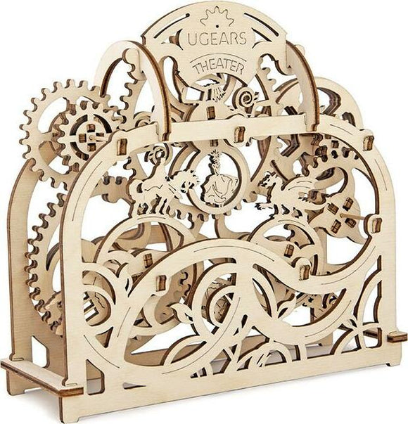 UGears 3D Theater DIY kit featuring intricately designed wooden gears and figures. The model showcases a theatrical scene with moving parts, presenting a captivating blend of art and engineering.