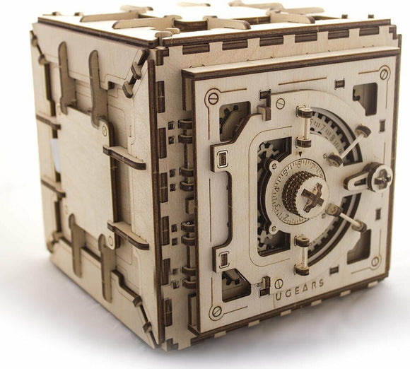 The UGears 3D Safe is a meticulously crafted mechanical puzzle, showcasing intricate wooden design with gears and a dial mechanism. It is a DIY kit that provides a challenging yet rewarding building experience. The neutral wooden finish adds an elegant touch, making it a visually appealing addition for enthusiasts and collectors alike.