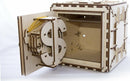 UGears 3D DIY kit featuring a wooden mechanical safe with intricate design and a dollar sign motif. Ideal for creative builders and puzzle enthusiasts.