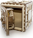 UGears 3D Safe DIY kit featuring a detailed, wooden puzzle with a realistic safe design. The opened door reveals intricate interior mechanics and gears, showcasing the craftsmanship and complexity of the assembly process.
