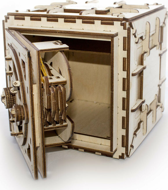 UGears 3D Safe DIY kit featuring a detailed, wooden puzzle with a realistic safe design. The opened door reveals intricate interior mechanics and gears, showcasing the craftsmanship and complexity of the assembly process.