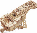 Detailed view of the UGears 3D Hurdy-Gurdy DIY kit, showcasing intricate wooden parts and ornate designs. The mechanical instrument features a unique, vintage appearance with decorative elements and a sturdy base. Perfect for enhancing creativity and engineering skills.