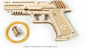 UGears 3D Wolf-01 Handgun DIY kit featuring intricately designed wooden parts, a rubber band, and an illustration urging use with glasses for safety. Ideal for DIY enthusiasts and model builders.
