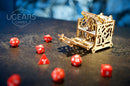 UGears 3D Dice Keeper, a beautifully crafted wooden dice organizer, showcasing intricate designs and mechanics. Surrounded by various red dice, it functions as both a decorative piece and a practical tool for storing game dice.