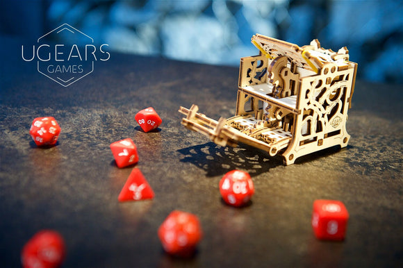 UGears 3D Dice Keeper, a beautifully crafted wooden dice organizer, showcasing intricate designs and mechanics. Surrounded by various red dice, it functions as both a decorative piece and a practical tool for storing game dice.