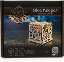 UGears 3D Dice Keeper DIY kit. An intricate, laser-cut wooden dice storage box is showcased on the packaging, featuring decorative designs and clear branding. Ideal for tabletop gamers and DIY enthusiasts.