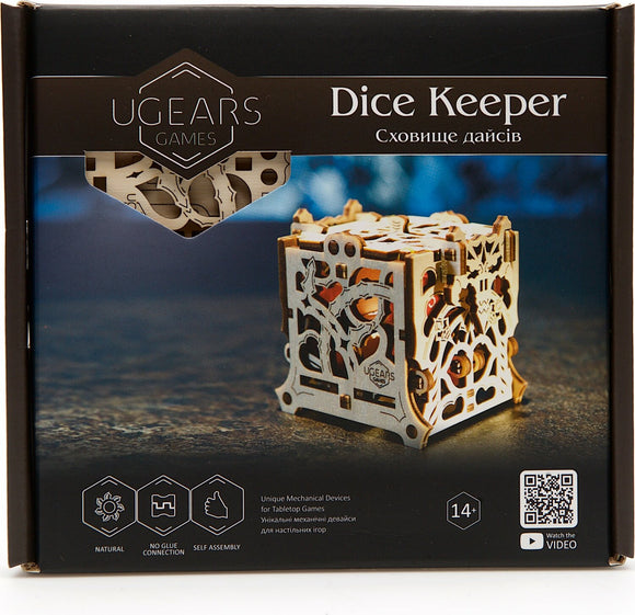 UGears 3D Dice Keeper DIY kit. An intricate, laser-cut wooden dice storage box is showcased on the packaging, featuring decorative designs and clear branding. Ideal for tabletop gamers and DIY enthusiasts.