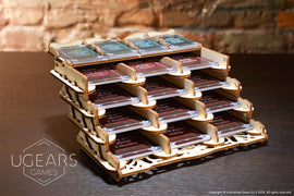 A beautifully designed wooden card holder by UGears 3D, featuring multiple tiers for organizing cards. The intricate laser-cut details add an artistic touch, making it perfect for both functionality and decor.
