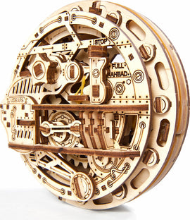 A detailed view of the UGears 3D Monowheel DIY kit, showcasing its intricate wooden design with gears, levers, and mechanical components. The model features labeled parts such as 'STOP' and 'FULL AHEAD', emphasizing its interactive nature as a mechanical puzzle. This unique kit is made from high-quality wood, providing an engaging building experience for enthusiasts and puzzle lovers.