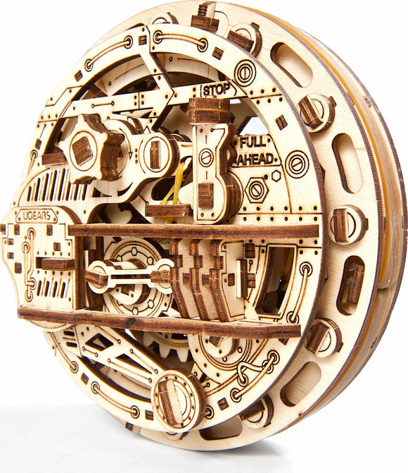A detailed view of the UGears 3D Monowheel DIY kit, showcasing its intricate wooden design with gears, levers, and mechanical components. The model features labeled parts such as 'STOP' and 'FULL AHEAD', emphasizing its interactive nature as a mechanical puzzle. This unique kit is made from high-quality wood, providing an engaging building experience for enthusiasts and puzzle lovers.