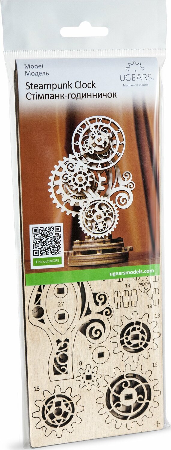 UGears 3D Steampunk Clock DIY kit featuring intricate gear designs and clock face patterns. Made from natural wood, ideal for mechanical model enthusiasts. Comes in a compact package with parts ready for assembly.