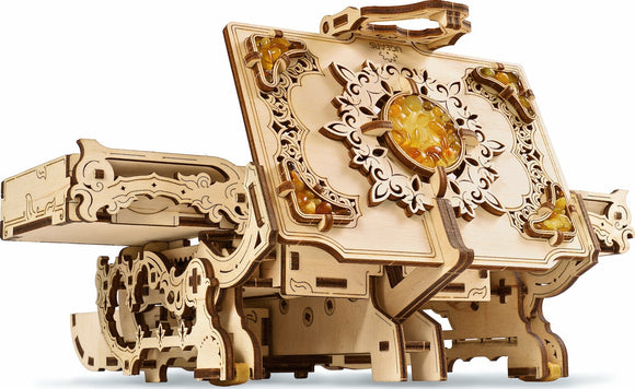 The UGears 3D Amber Box is a beautifully crafted DIY mechanical model made from high-quality wood. It features intricate designs, amber resin inlays, and an elegant floral motif. The model can be assembled to create a functional storage box with a unique, vintage aesthetic.