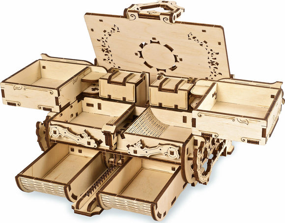 The UGears 3D Amber Box is an intricate DIY kit made of natural wood, featuring multiple compartments for storage. The design showcases delicate engravings and a unique, openable lid, perfect for organizing small items or as a decorative piece.
