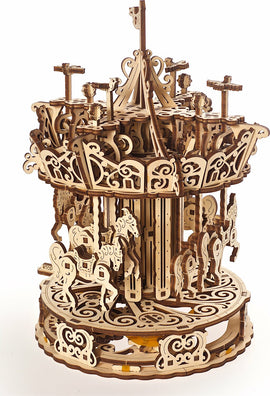 The Ugears 3D Carousel is an intricate DIY mechanical model featuring elegantly detailed wooden horses and a beautifully designed carousel base. This 3D puzzle showcases both craftsmanship and engineering, designed to rotate smoothly, making it a charming display piece once completed. The assembly kit is ideal for creators and hobbyists looking to build a whimsical carousel.
