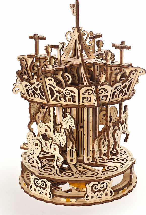 The Ugears 3D Carousel is an intricate DIY mechanical model featuring elegantly detailed wooden horses and a beautifully designed carousel base. This 3D puzzle showcases both craftsmanship and engineering, designed to rotate smoothly, making it a charming display piece once completed. The assembly kit is ideal for creators and hobbyists looking to build a whimsical carousel.