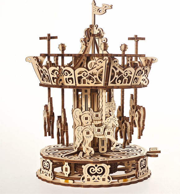 Ugears 3D Carousel DIY kit featuring intricately designed wooden horses and a beautifully crafted base. Ideal for hobbyists, this mechanical model spins and showcases detailed craftsmanship, perfect for decoration or as a fun project.
