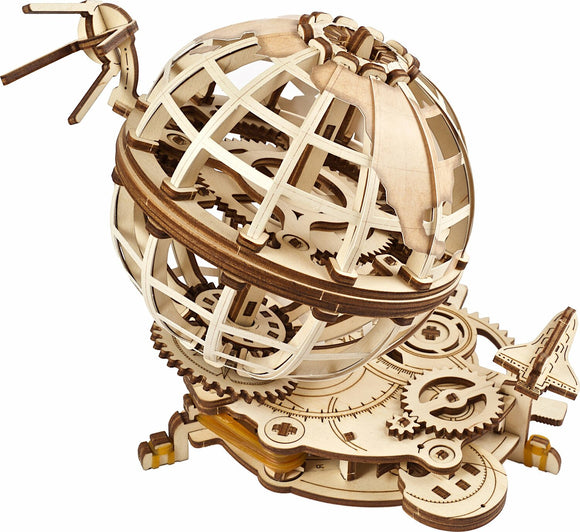A detailed wooden mechanical model of a globe by UGears 3D, featuring intricate gears and a unique design, showcasing the Earth with a rotating mechanism.