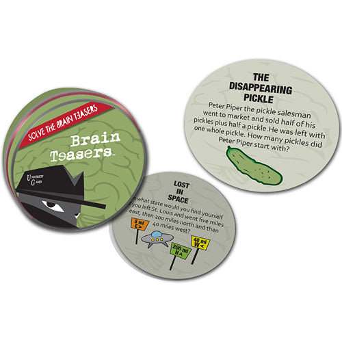 Brain Teasers from University Games includes various puzzles and challenges for all ages. Features a circular design with engaging graphics and questions like 'The Disappearing Pickle' and 'Lost in Space'. Ideal for stimulating critical thinking and problem-solving skills.