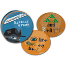 A set of colorful circular game cards from University Games titled 'Mystery Grams'. The cards feature playful graphics and symbols related to solving puzzles and engaging in a fun mystery game.