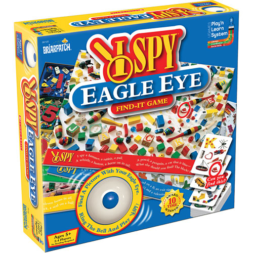I Spy Eagle Eye game by Briarpatch Inc, featuring a colorful game box adorned with various small objects like toys and animals. The design showcases the game's title prominently along with a picture of an eye and a bell. Suitable for 2 to 4 players, ages 5 and up. Inside the box are cards and items for a fun find-it challenge.