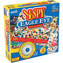 I Spy Eagle Eye game by Briarpatch Inc, featuring a colorful game box adorned with various small objects like toys and animals. The design showcases the game's title prominently along with a picture of an eye and a bell. Suitable for 2 to 4 players, ages 5 and up. Inside the box are cards and items for a fun find-it challenge.