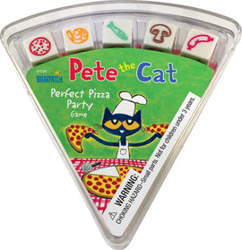 The Pete the Cat Perfect Pizza Party Game by Briarpatch Inc is displayed in a triangular package. The packaging showcases a colorful illustration of Pete the Cat, wearing a chef's hat and holding slices of pizza. Surrounding him are various pizza toppings illustrated on dice. The background features a green color, and there's a bright red and white checkered tablecloth design beneath the pizza. Warning label indicates choking hazard for small parts. Ideal for family fun and engaging gameplay.