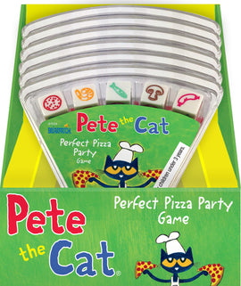 A colorful box of the Pete the Cat Perfect Pizza Party Game, featuring a friendly cartoon cat in a chef's hat holding pizza. The packaging includes vibrant illustrations and game components visible in a clear box, ideal for kids aged 3 and up.