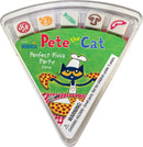 The Pete the Cat Perfect Pizza Party Game by Briarpatch Inc. features colorful game components, including various pizza toppings. The packaging showcases Pete the Cat in a chef's hat, surrounded by pizza slices, set against a vibrant green background. A warning label indicates choking hazards for small parts.