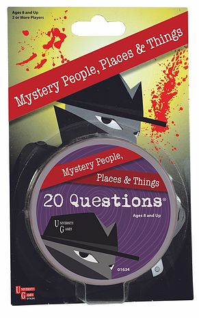 20 Questions game by University Games. The packaging features playful graphics of mysterious characters, including a shadowy figure in a hat. The game is designed for ages 8 and up, ideal for 2 or more players, focusing on guessing mystery people, places, and things through a series of questions.