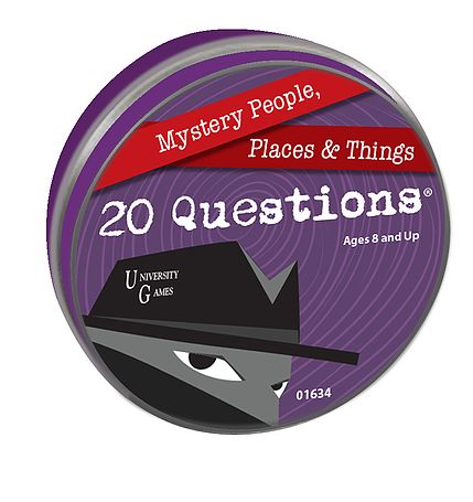 A round game tin labeled '20 Questions' by University Games, featuring a mysterious character with a fedora and a shadowy eye. The tin is colored in purple with text that reads 'Mystery People, Places & Things' and is suitable for ages 8 and up.
