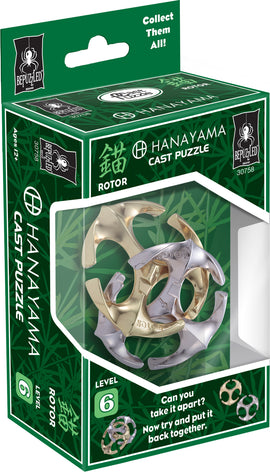 The Hanayama Cast Rotor puzzle features an intricately designed mechanical puzzle in metallic silver and gold colors. The puzzle presents a challenging level 6 difficulty, encouraging users to disassemble and reassemble it. The packaging includes a vibrant green background with leaf motifs and the brand logo, emphasizing its collectible nature.