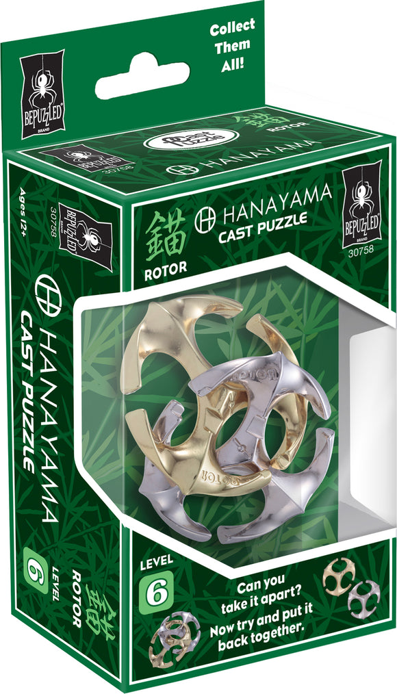The Hanayama Cast Rotor puzzle features an intricately designed mechanical puzzle in metallic silver and gold colors. The puzzle presents a challenging level 6 difficulty, encouraging users to disassemble and reassemble it. The packaging includes a vibrant green background with leaf motifs and the brand logo, emphasizing its collectible nature.